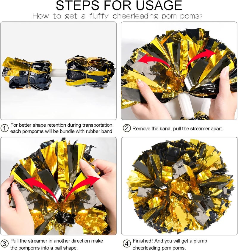 HOLENGS 4Pcs Upgraded 12inch Metallic Cheerleading Pom Poms, Cheerleader Pompoms Cheer Poms for Kids Adults, Cheering Squad Pompoms for School Sports Games Dance Party - Image 3